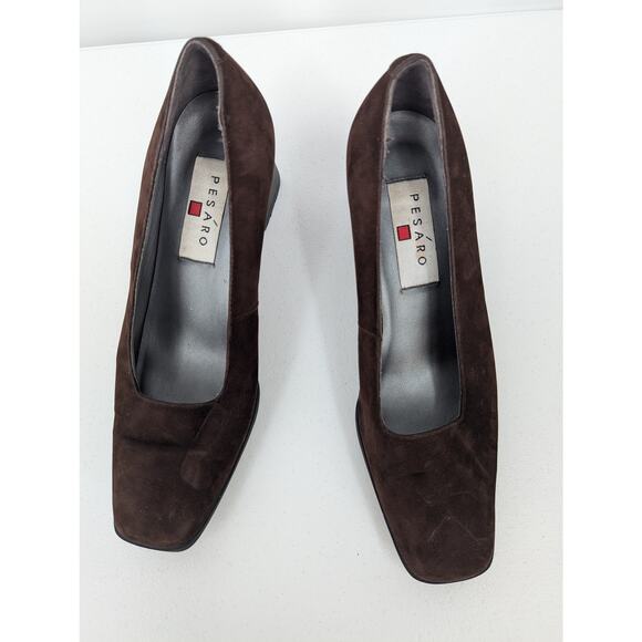 Vintage Leather Brown Block Heel Square Toe Pump Heels by Pesaro Womens Size 8.5 - Picture 3 of 9